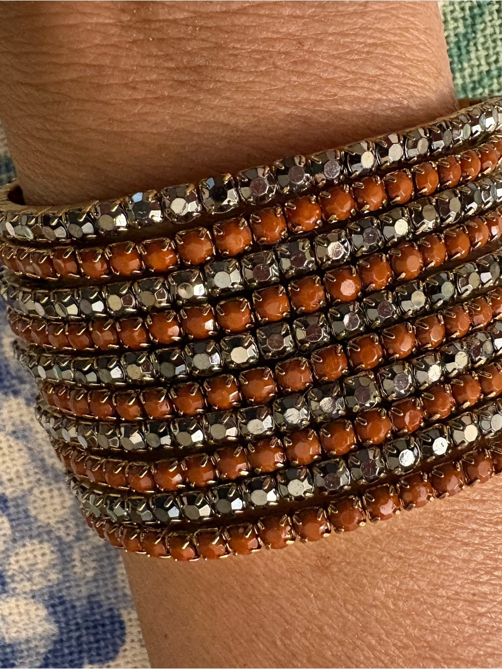Multi-Row Orange Beaded and Metallic Crystal Wrap Bracelet